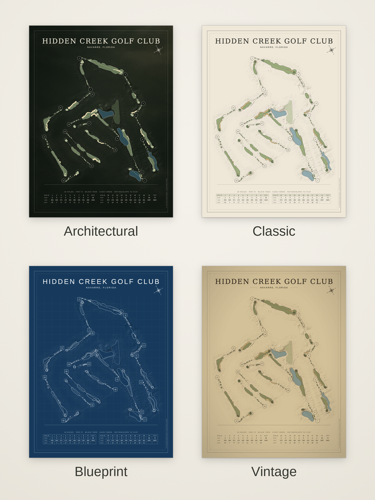 Hidden Creek Golf Club course map poster in four styles: Architectural, Classic, Blueprint and Vintage