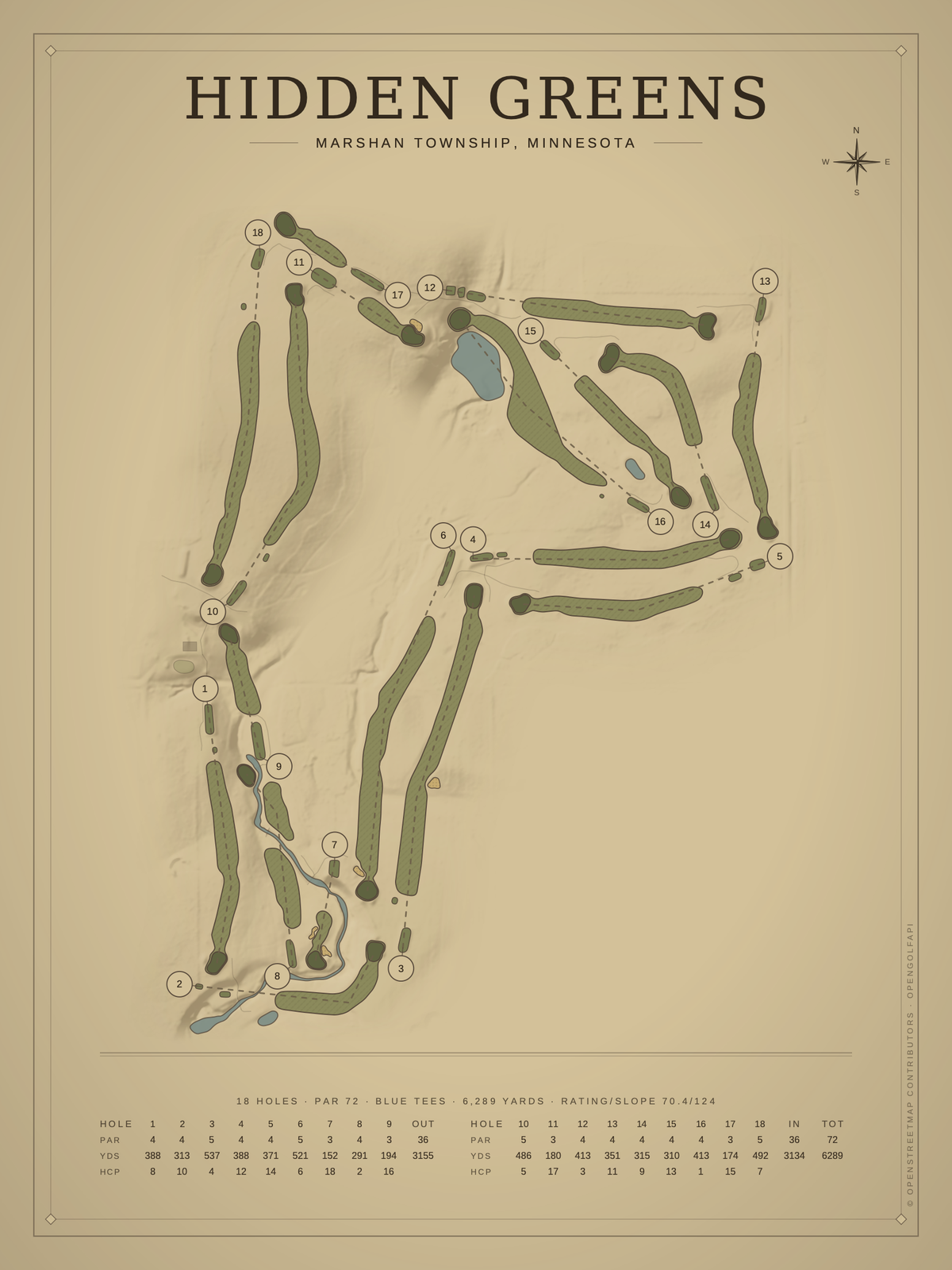 Hidden Greens course map poster, Vintage style, 12×16 / 18×24