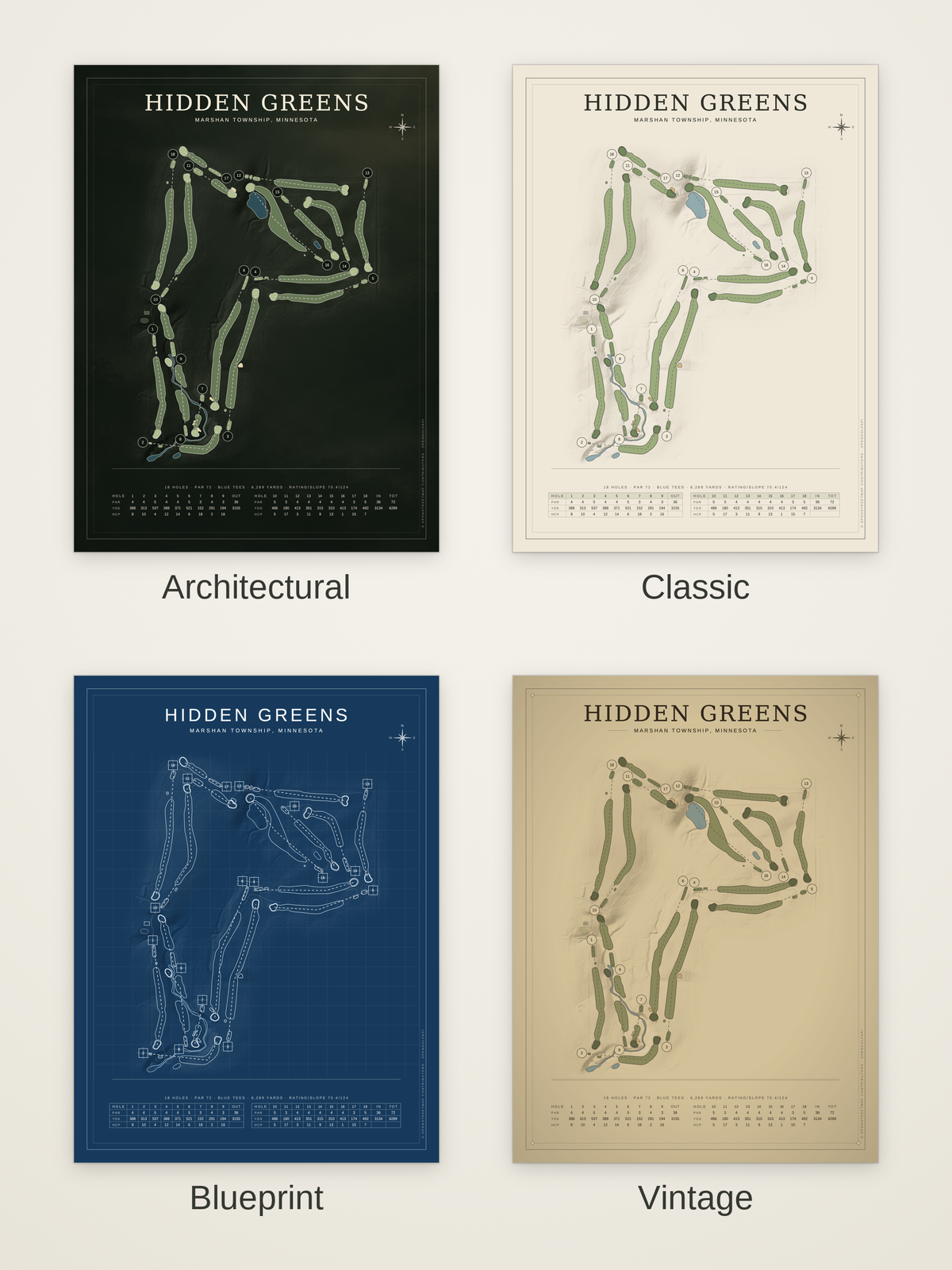 Hidden Greens course map poster in four styles: Architectural, Classic, Blueprint and Vintage
