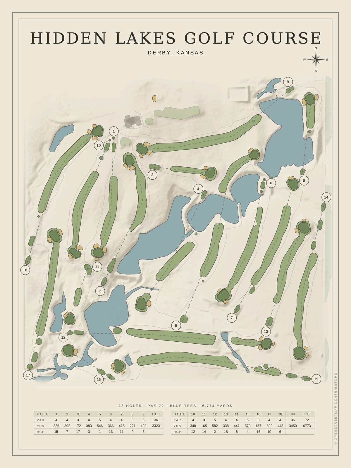 Hidden Lakes Golf Course (Derby) course map poster, Classic style, 12×16 / 18×24