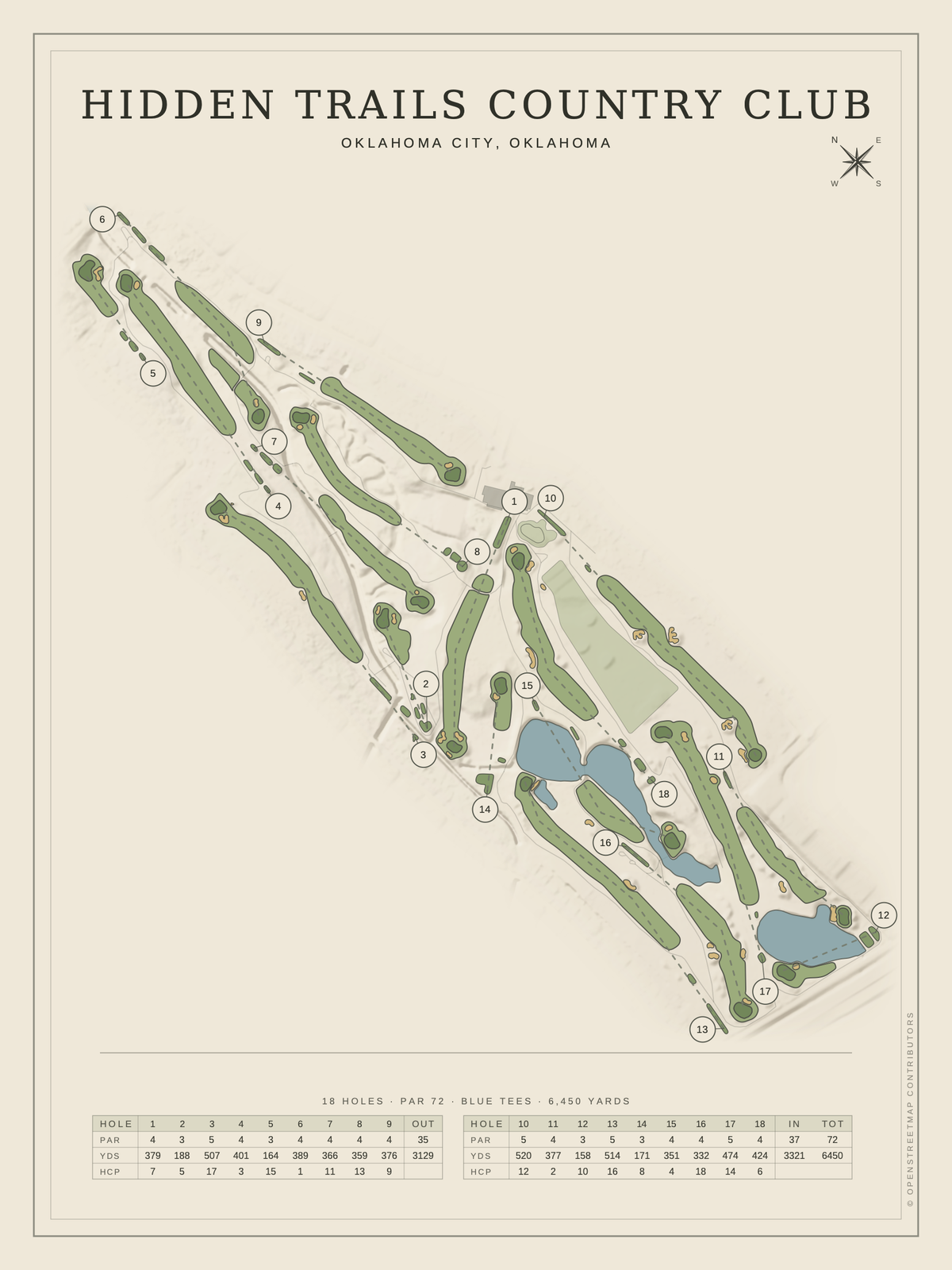 Hidden Trails Country Club course map poster, Classic style, 12×16 / 18×24