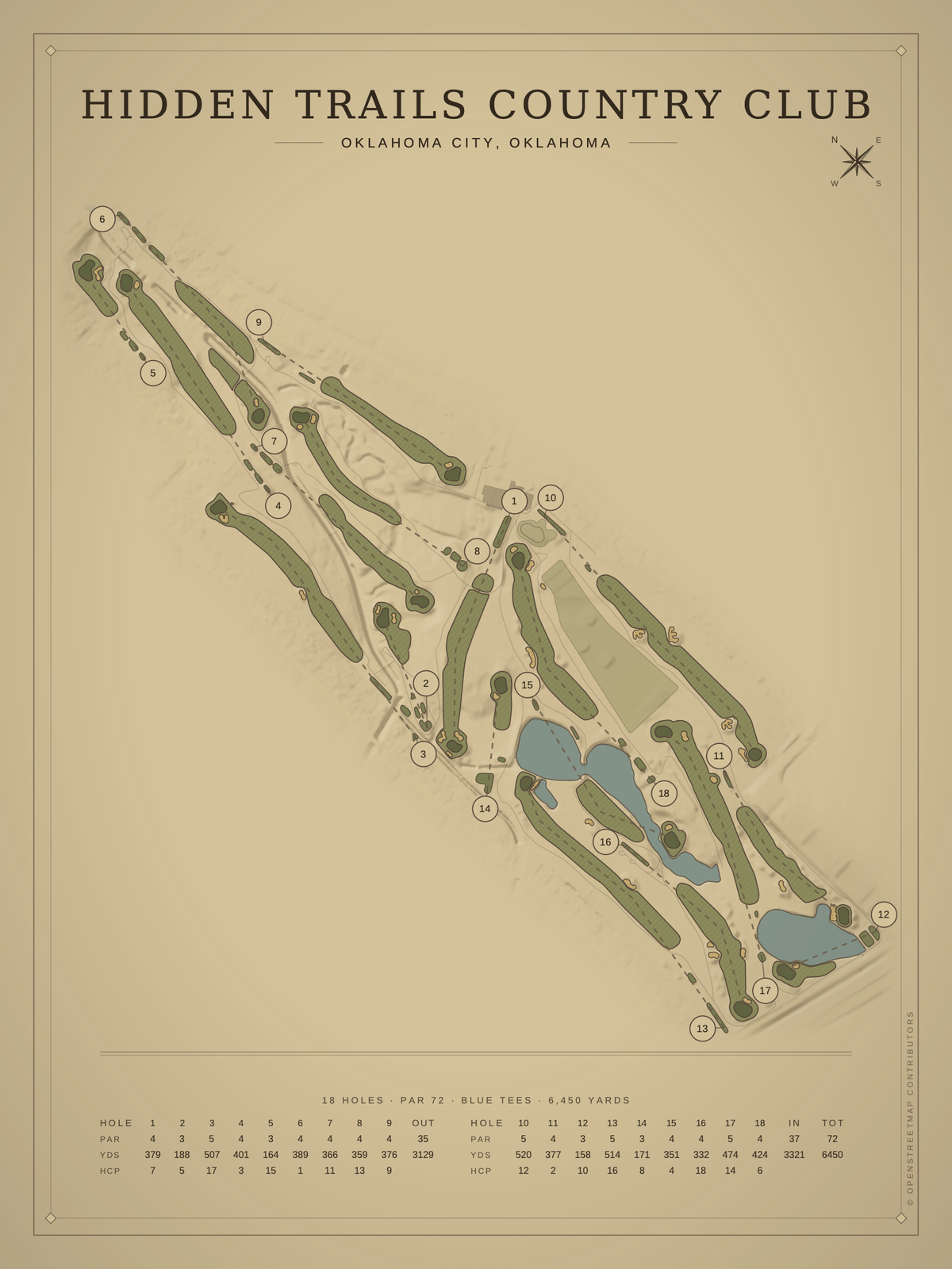 Hidden Trails Country Club course map poster, Vintage style, 12×16 / 18×24