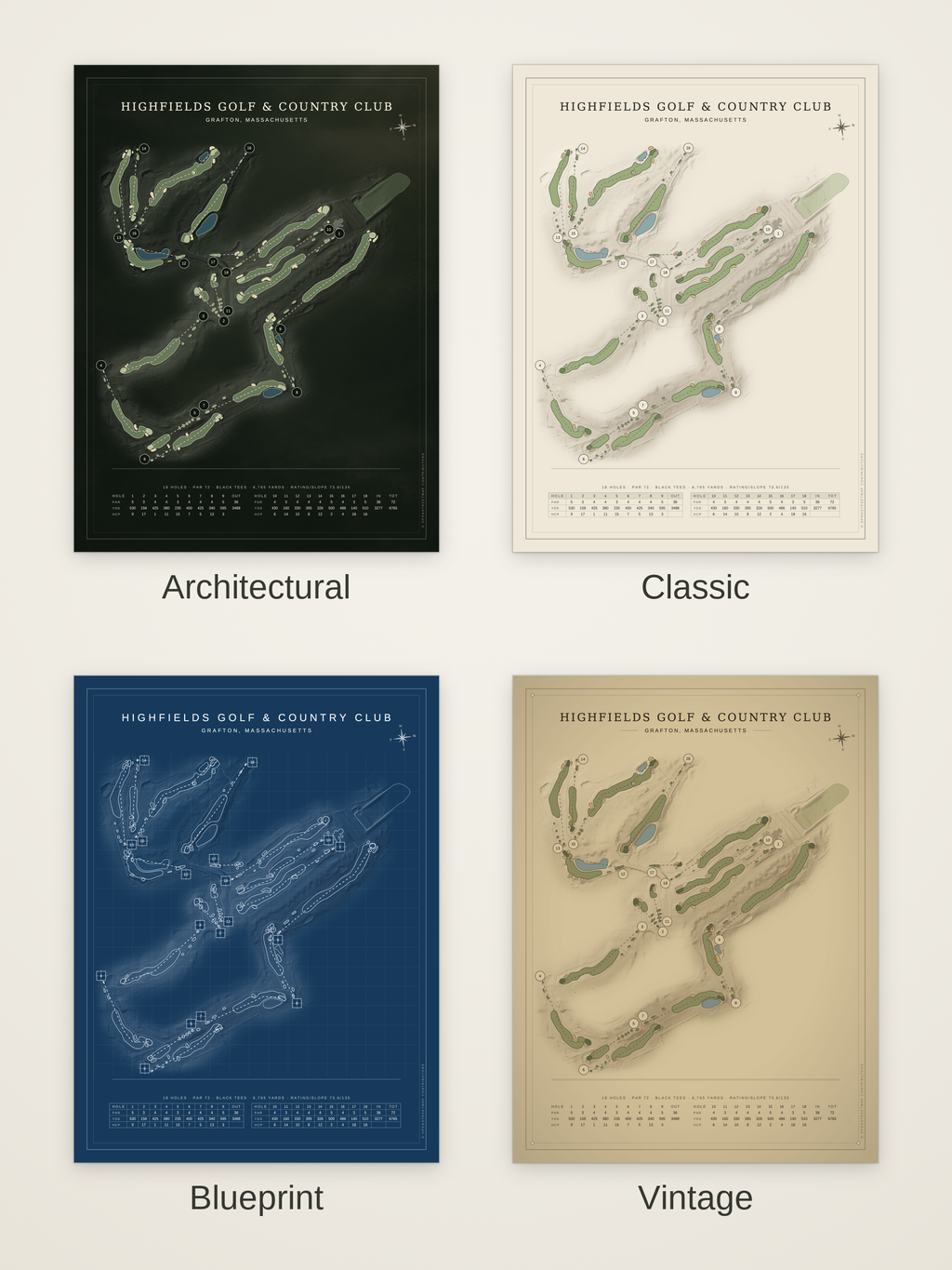 Highfields Golf & Country Club course map poster in four styles: Architectural, Classic, Blueprint and Vintage