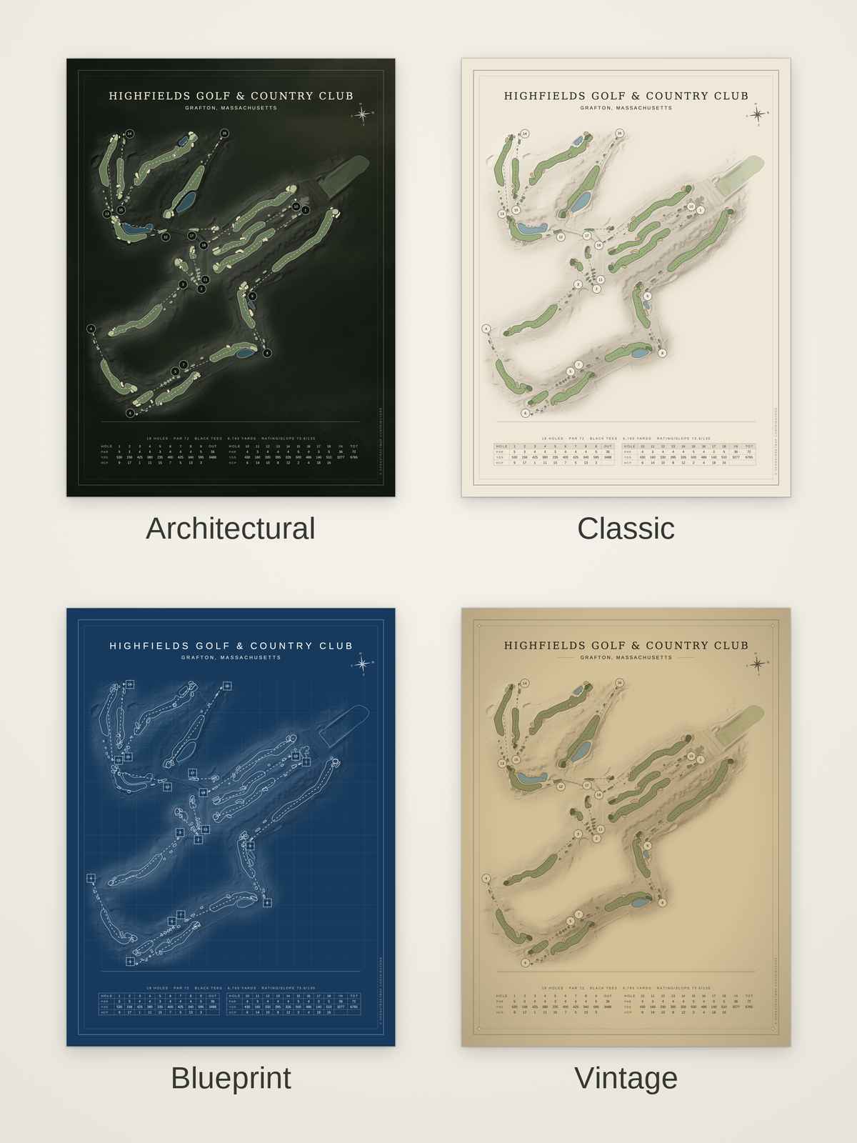 Highfields Golf & Country Club course map poster in four styles: Architectural, Classic, Blueprint and Vintage