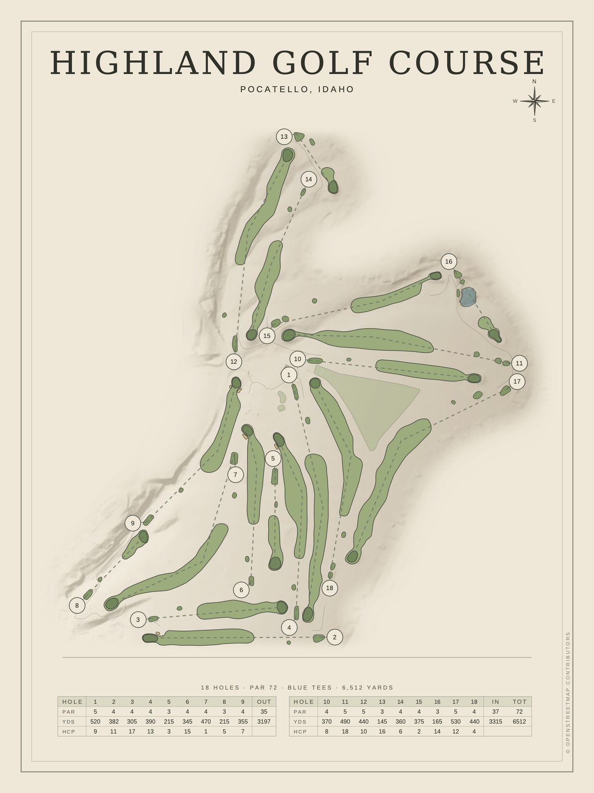Highland Golf Course map poster, Classic style, 12×16 / 18×24