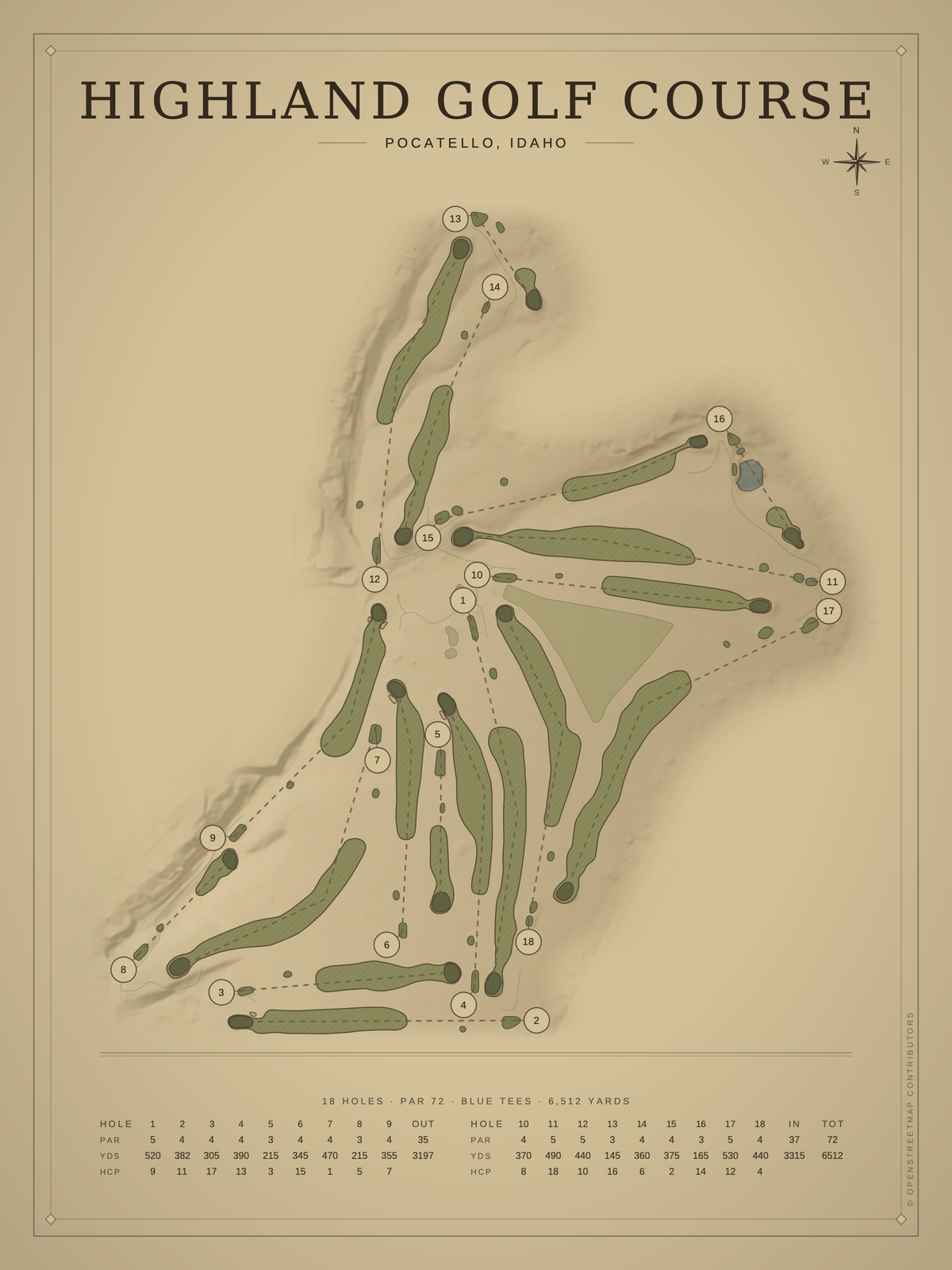 Highland Golf Course map poster, Vintage style, 12×16 / 18×24
