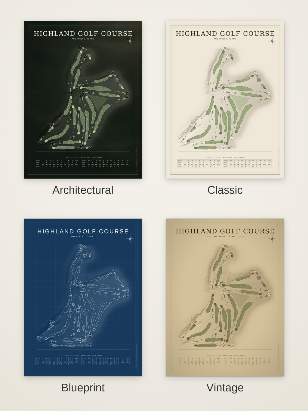 Highland Golf Course map poster in four styles: Architectural, Classic, Blueprint and Vintage