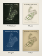 Highland Golf Course map poster in four styles: Architectural, Classic, Blueprint and Vintage