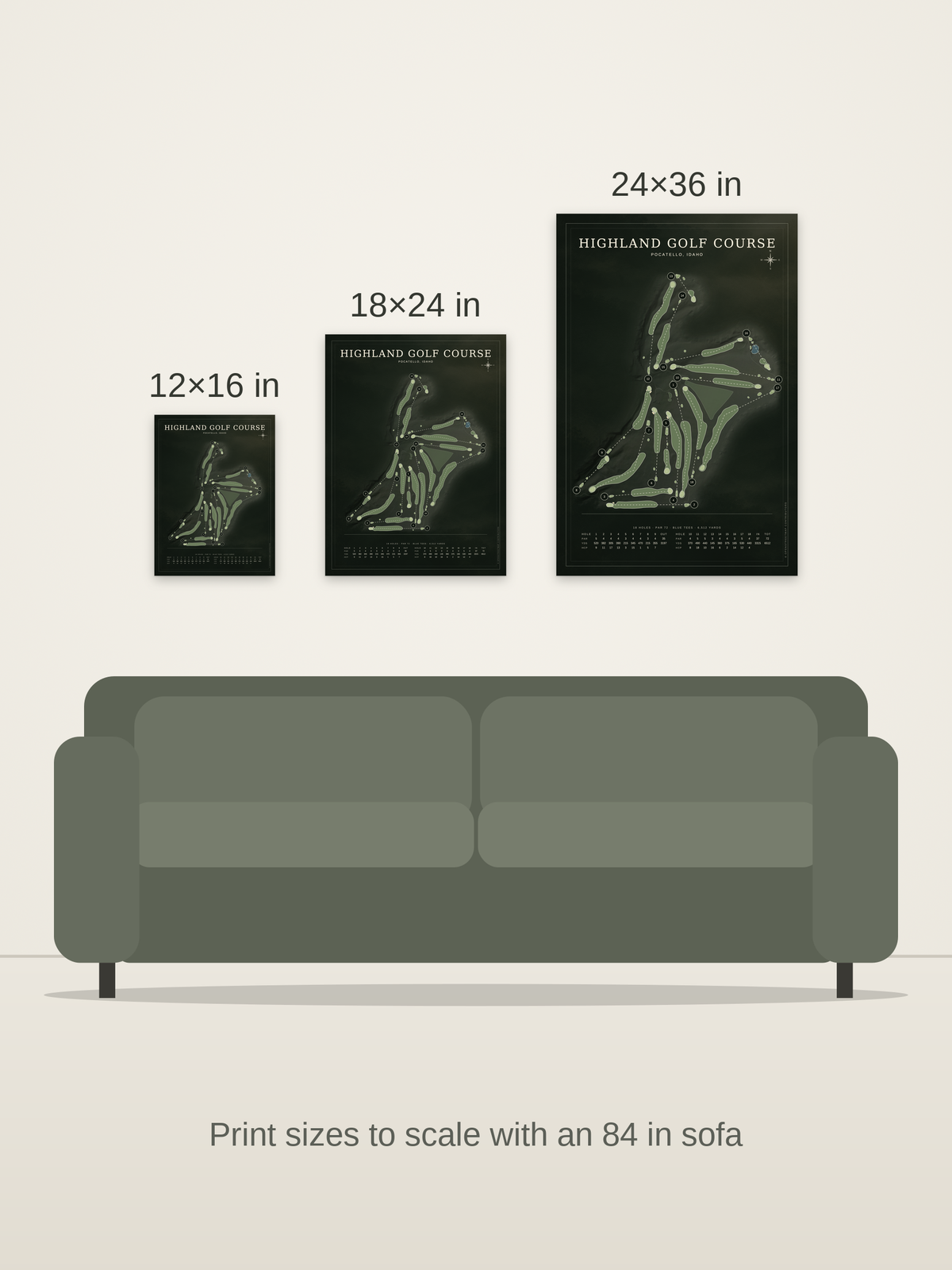Highland Golf Course map poster in the Architectural style at 12×16, 18×24 and 24×36 inches, shown to scale on a wall above an 84-inch sofa