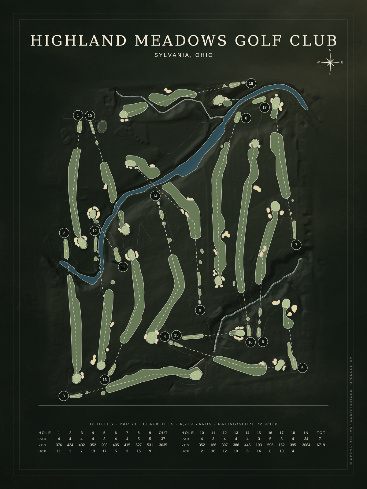 Highland Meadows Golf Club course map poster, Architectural style, 12×16 / 18×24