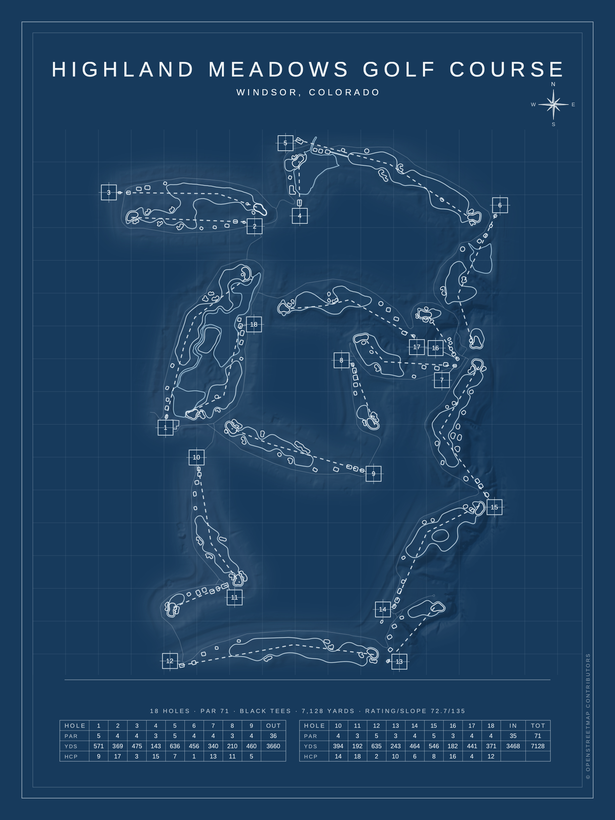 Highland Meadows Golf Course map poster, Blueprint style, 12×16 / 18×24