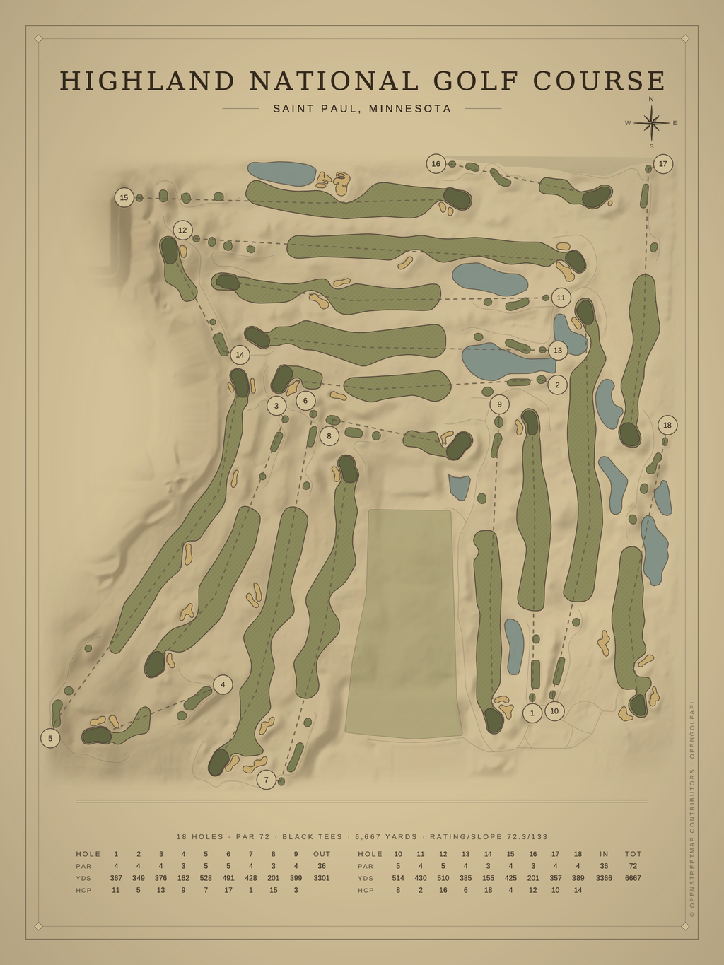 Highland National Golf Course map poster, Vintage style, 12×16 / 18×24