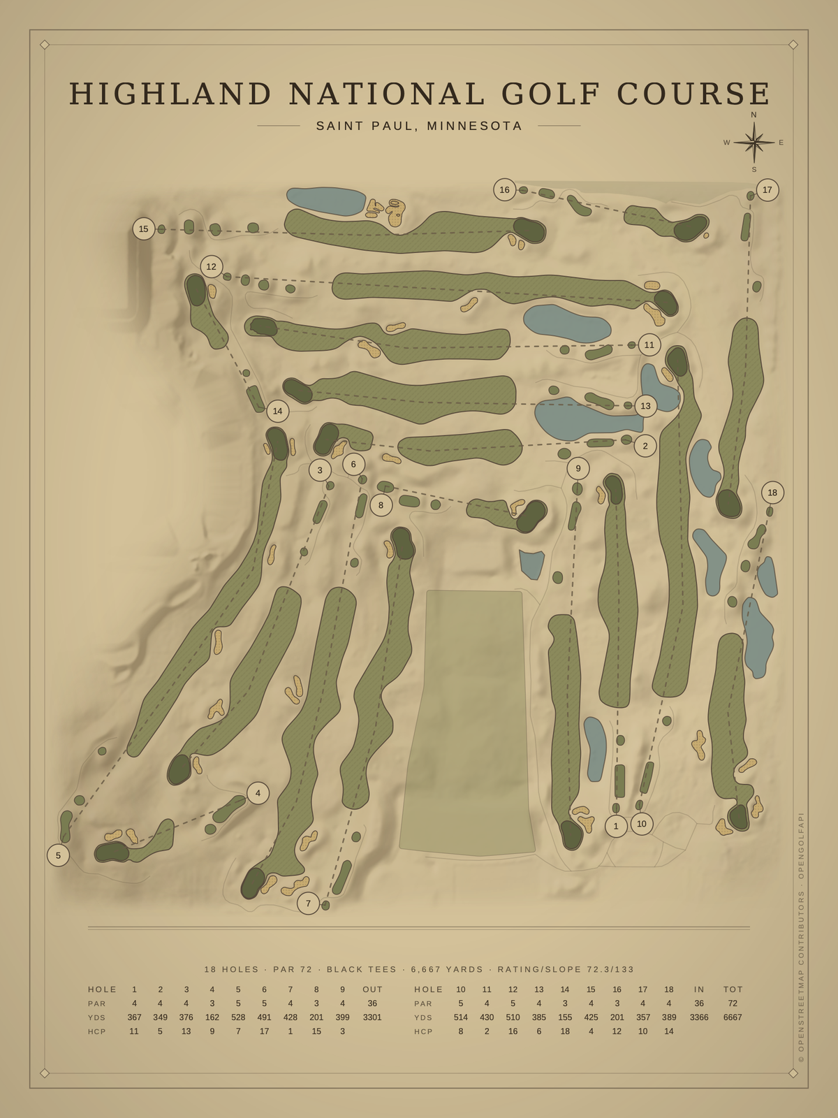 Highland National Golf Course map poster, Vintage style, 12×16 / 18×24