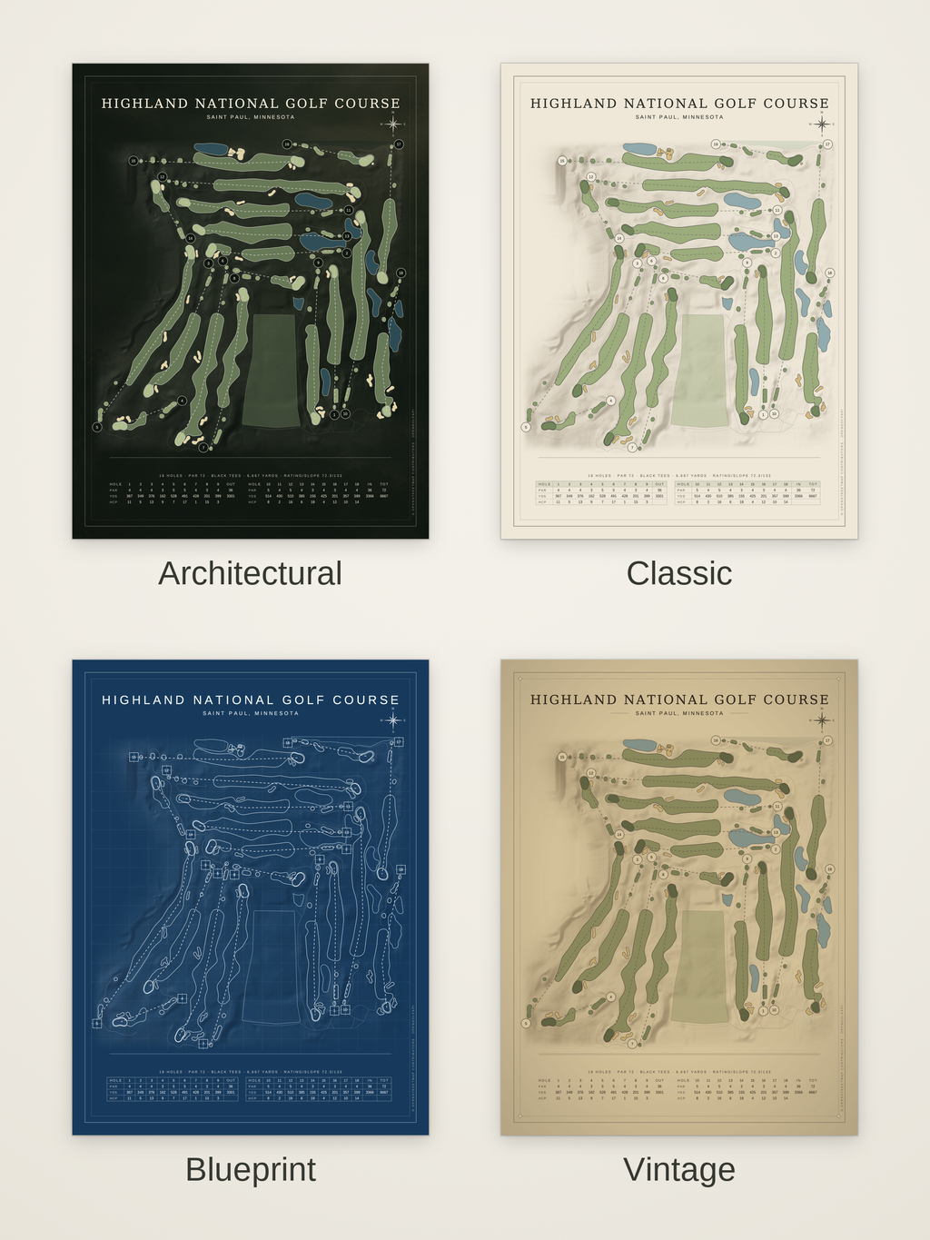 Highland National Golf Course map poster in four styles: Architectural, Classic, Blueprint and Vintage
