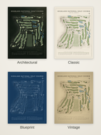 Highland National Golf Course map poster in four styles: Architectural, Classic, Blueprint and Vintage