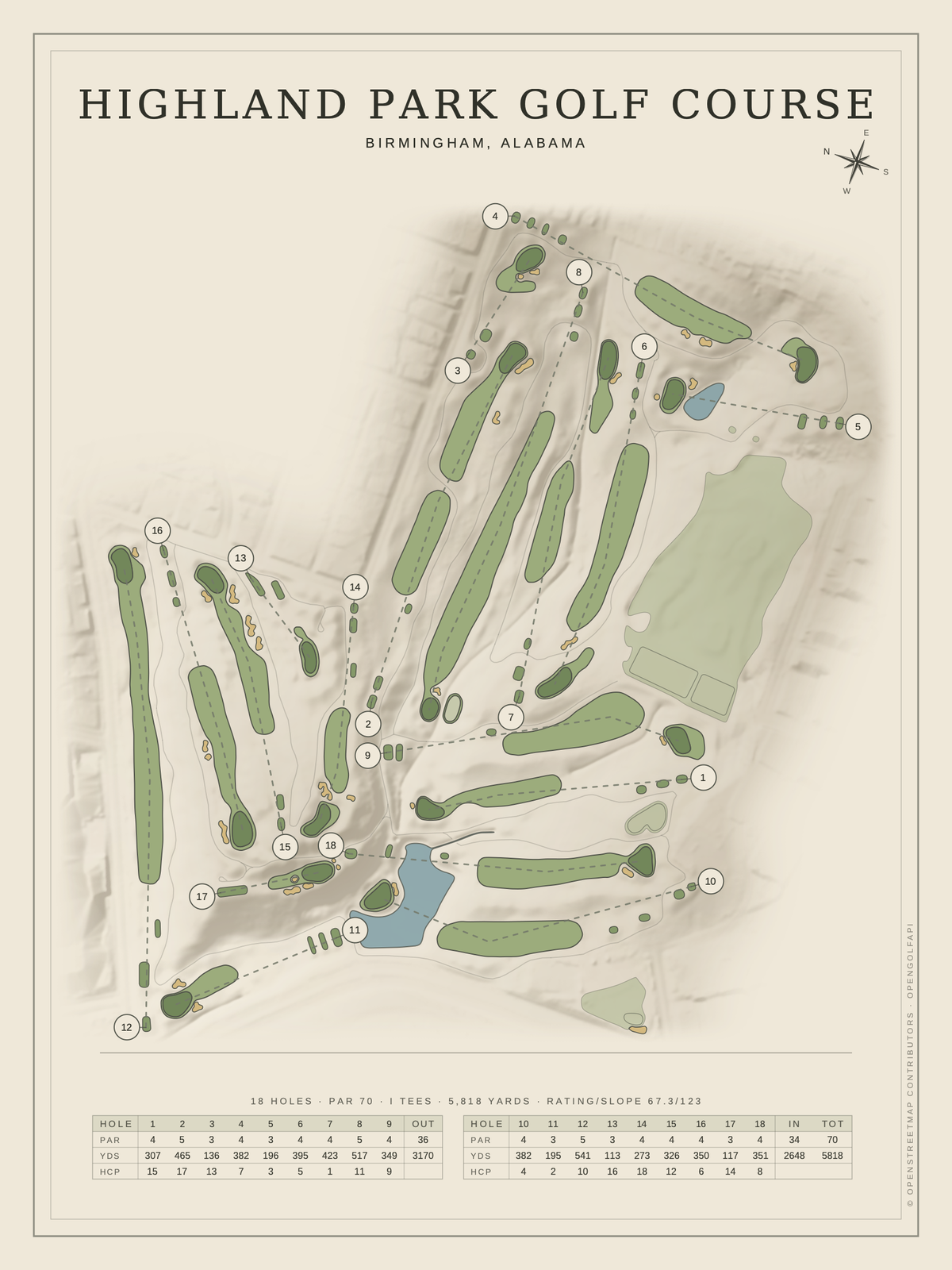 Highland Park Golf Course map poster, Classic style, 12×16 / 18×24