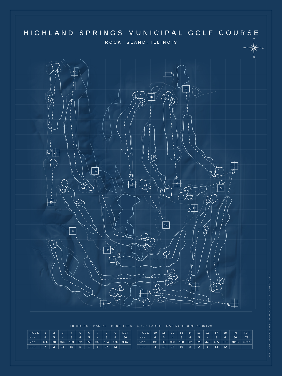 Highland Springs Municipal Golf Course map poster, Blueprint style, 12×16 / 18×24