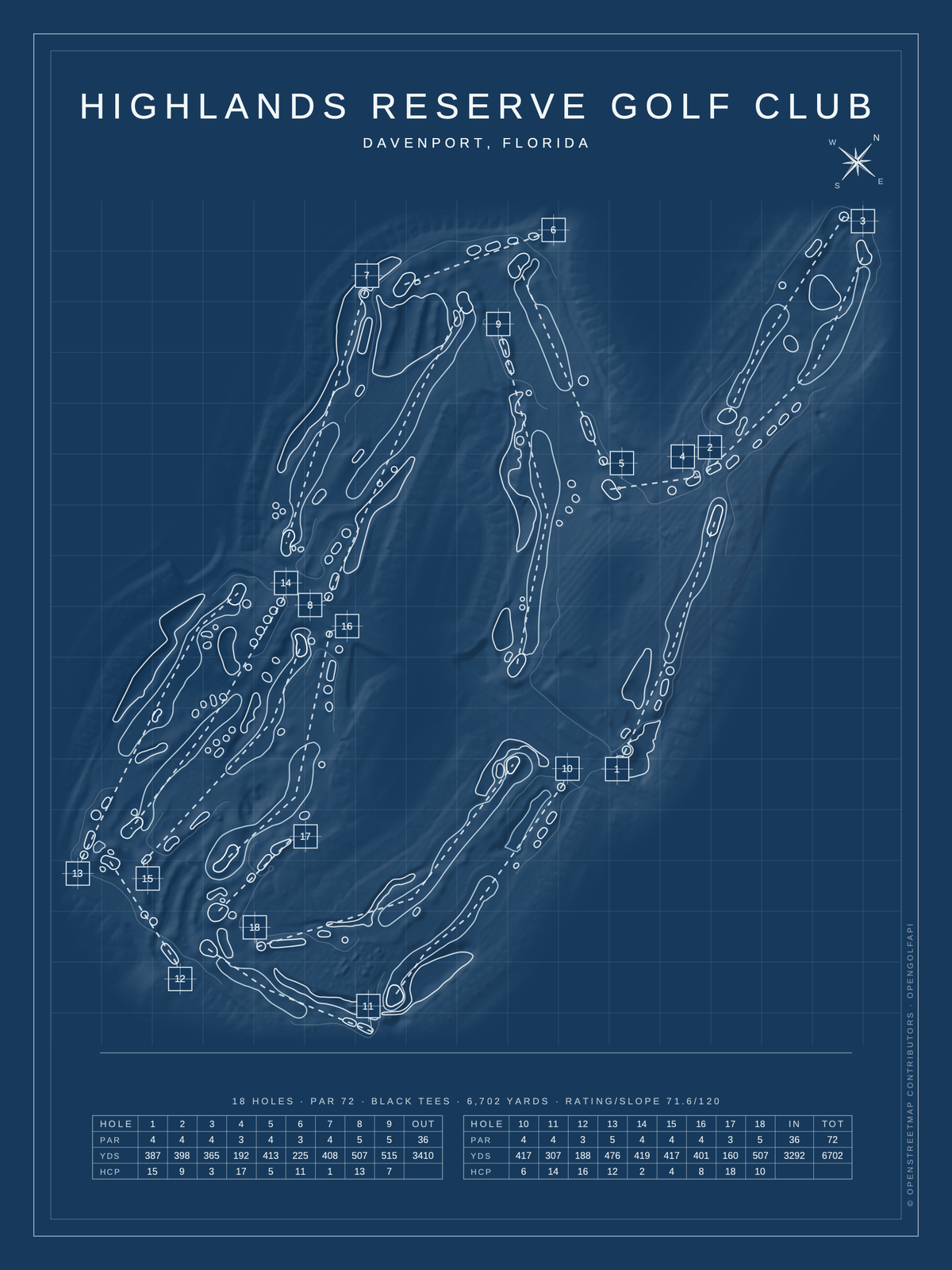 Highlands Reserve Golf Club course map poster, Blueprint style, 12×16 / 18×24