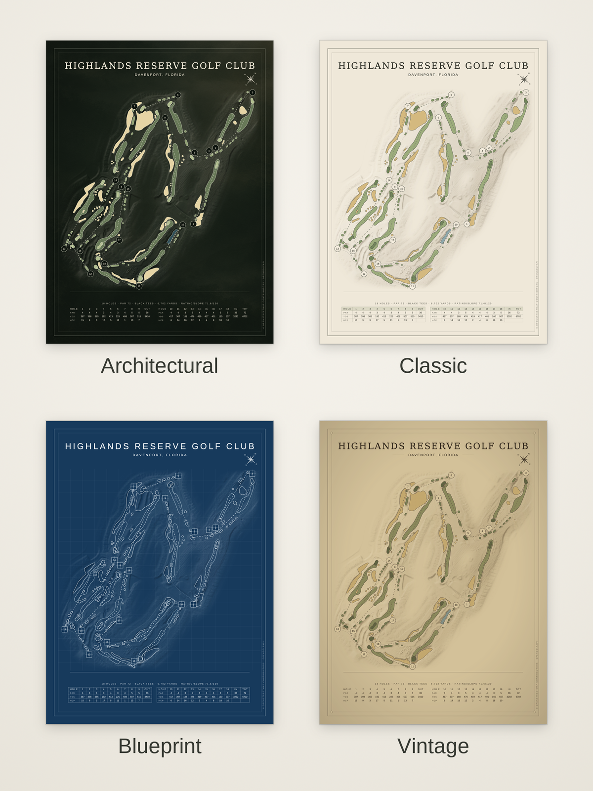 Highlands Reserve Golf Club course map poster in four styles: Architectural, Classic, Blueprint and Vintage