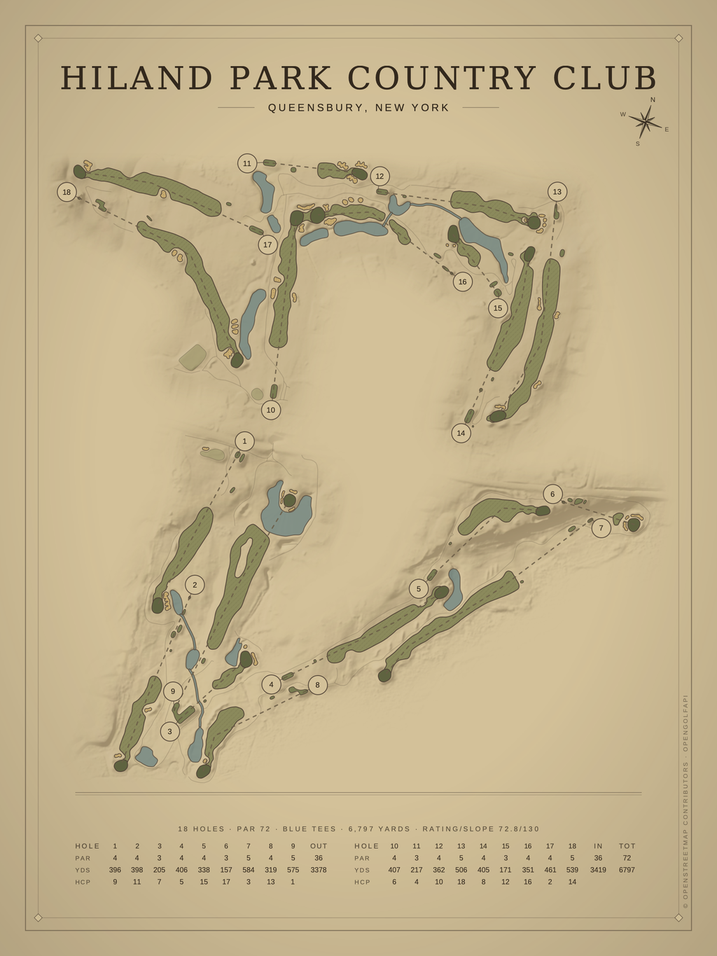 Hiland Park Country Club course map poster, Vintage style, 12×16 / 18×24