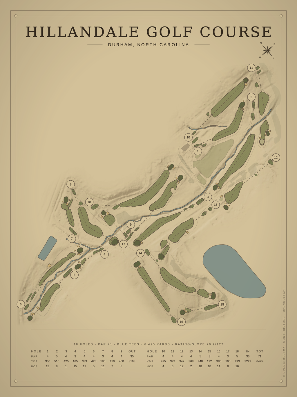 Hillandale Golf Course map poster, Vintage style, 12×16 / 18×24