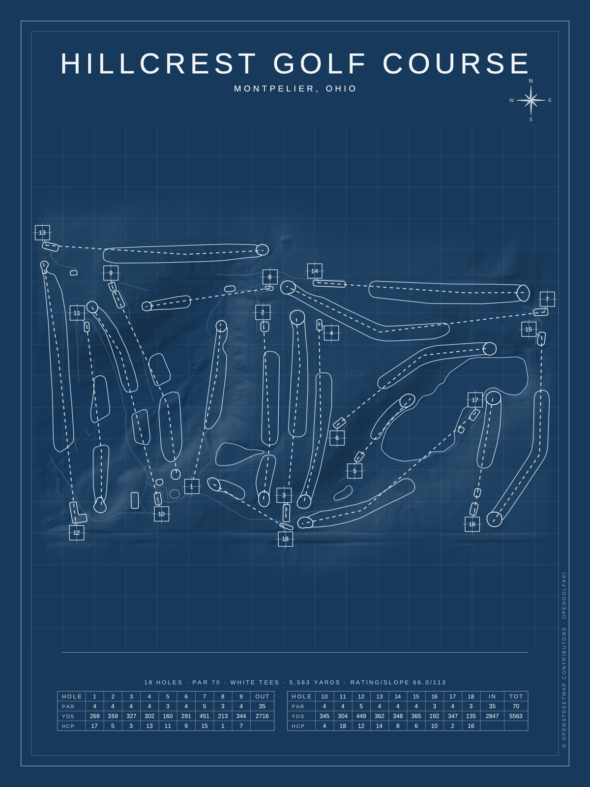 Hillcrest Golf Course map poster, Blueprint style, 12×16 / 18×24