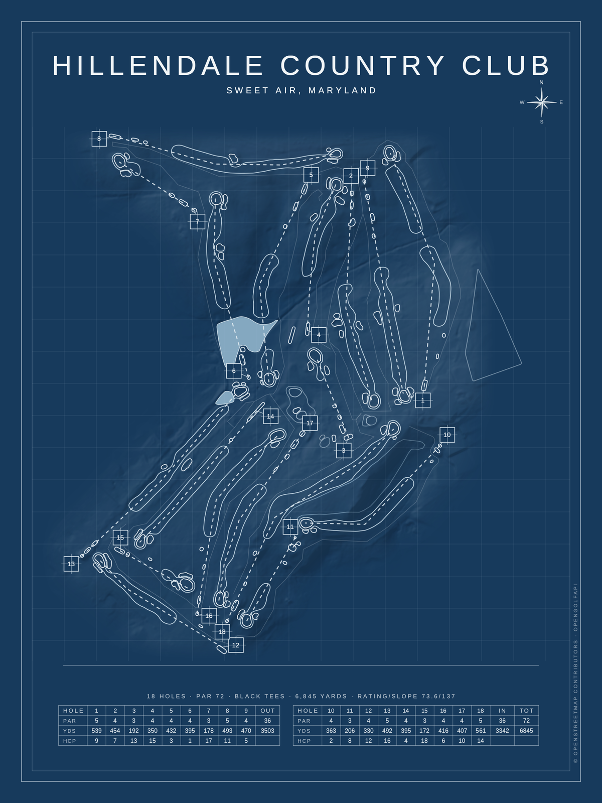 Hillendale Country Club course map poster, Blueprint style, 12×16 / 18×24