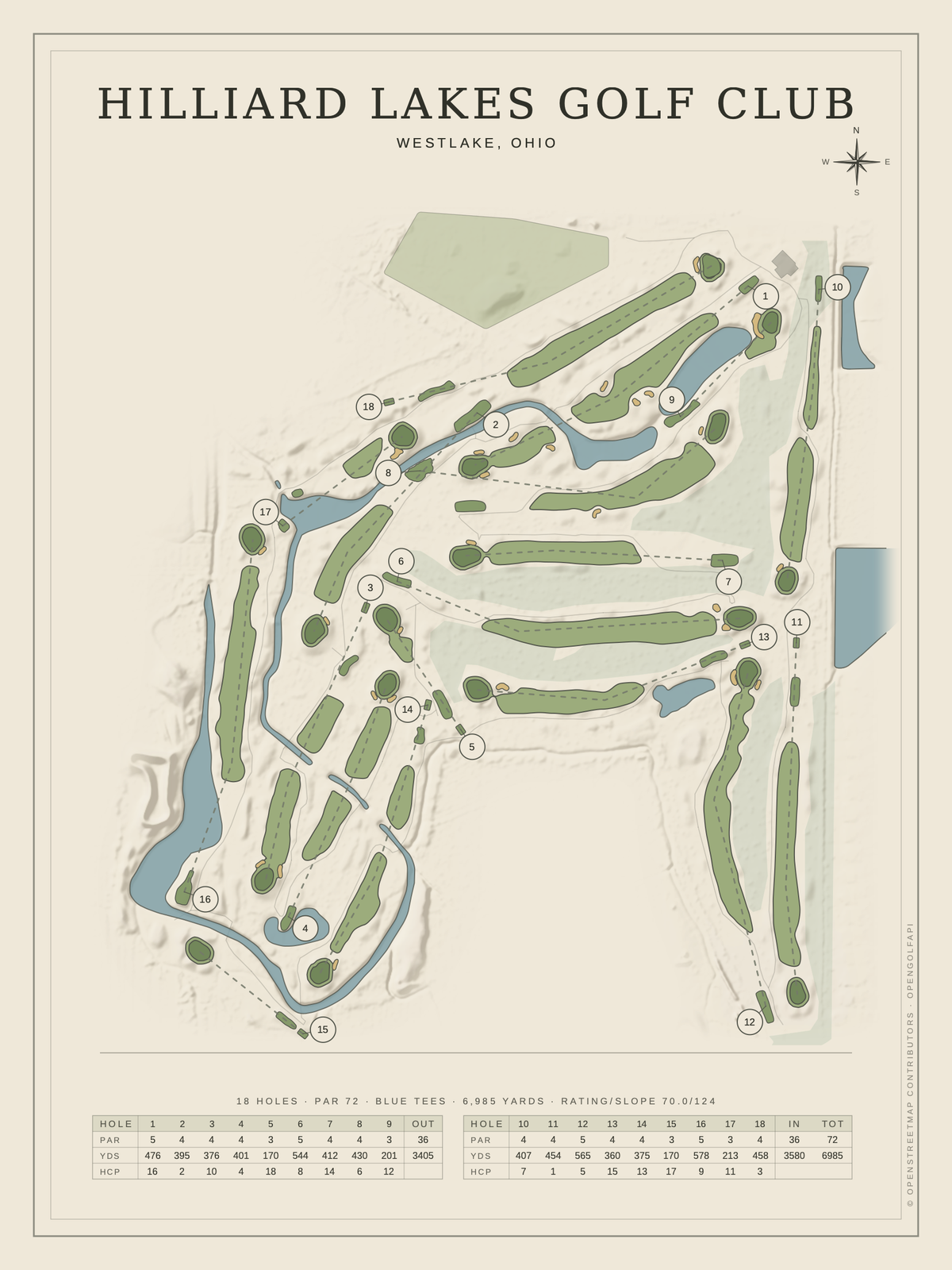 Hilliard Lakes Golf Club course map poster, Classic style, 12×16 / 18×24