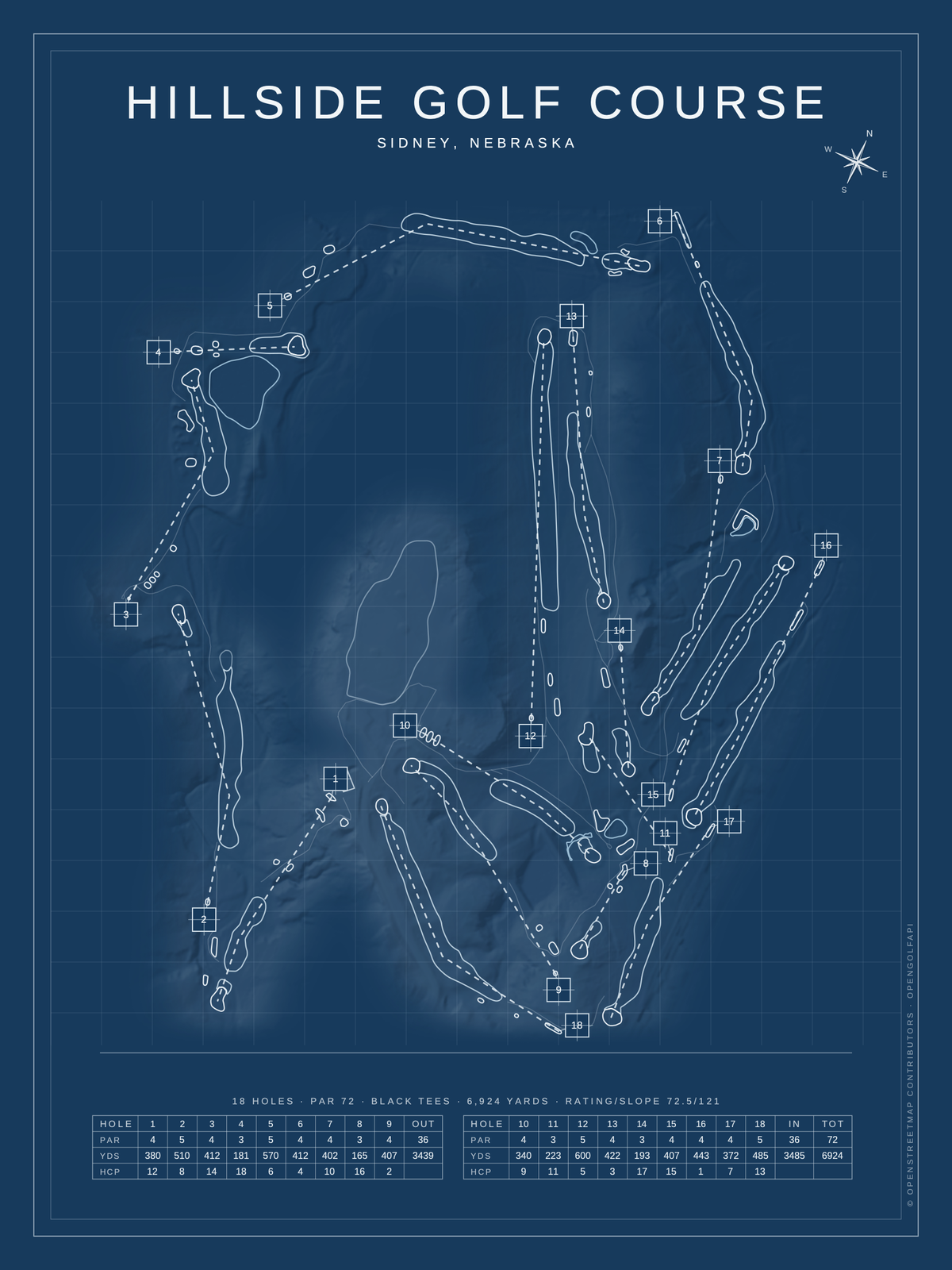 Hillside Golf Course map poster, Blueprint style, 12×16 / 18×24
