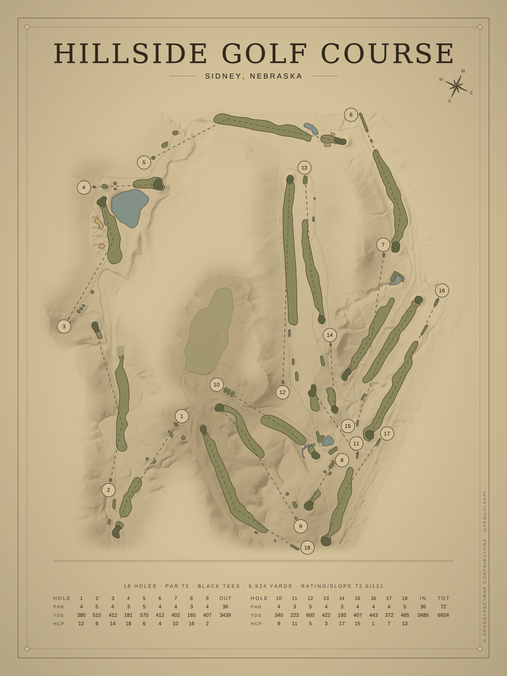 Hillside Golf Course map poster, Vintage style, 12×16 / 18×24