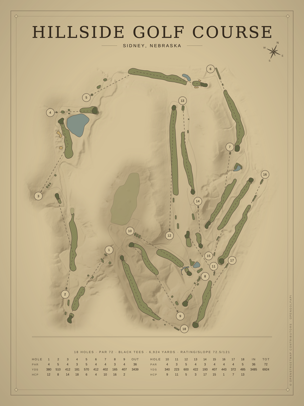 Hillside Golf Course map poster, Vintage style, 12×16 / 18×24