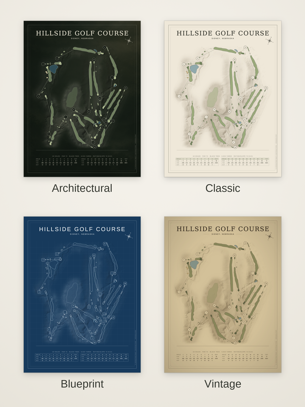 Hillside Golf Course map poster in four styles: Architectural, Classic, Blueprint and Vintage