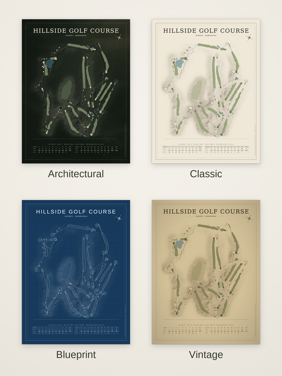 Hillside Golf Course map poster in four styles: Architectural, Classic, Blueprint and Vintage