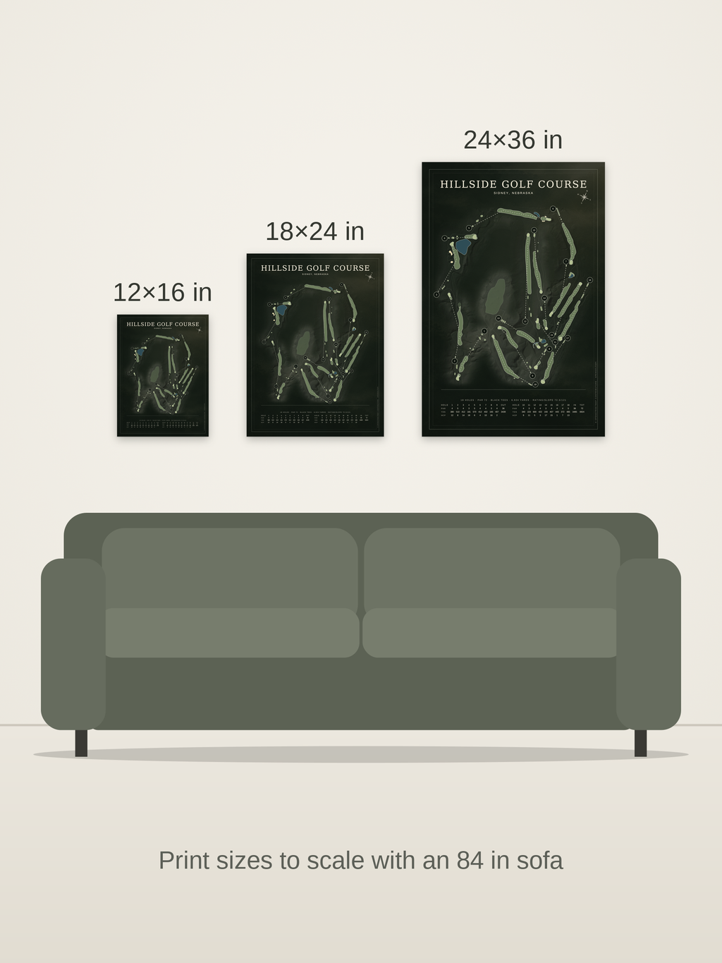 Hillside Golf Course map poster in the Architectural style at 12×16, 18×24 and 24×36 inches, shown to scale on a wall above an 84-inch sofa