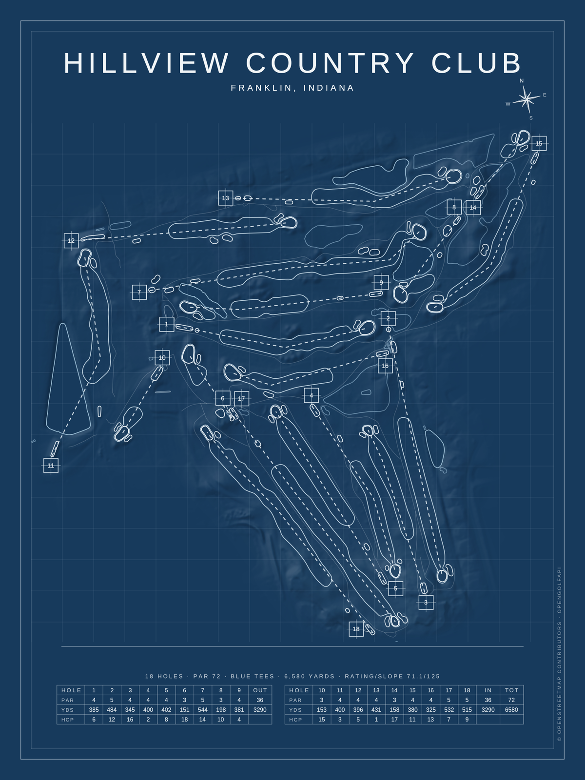 Hillview Country Club course map poster, Blueprint style, 12×16 / 18×24