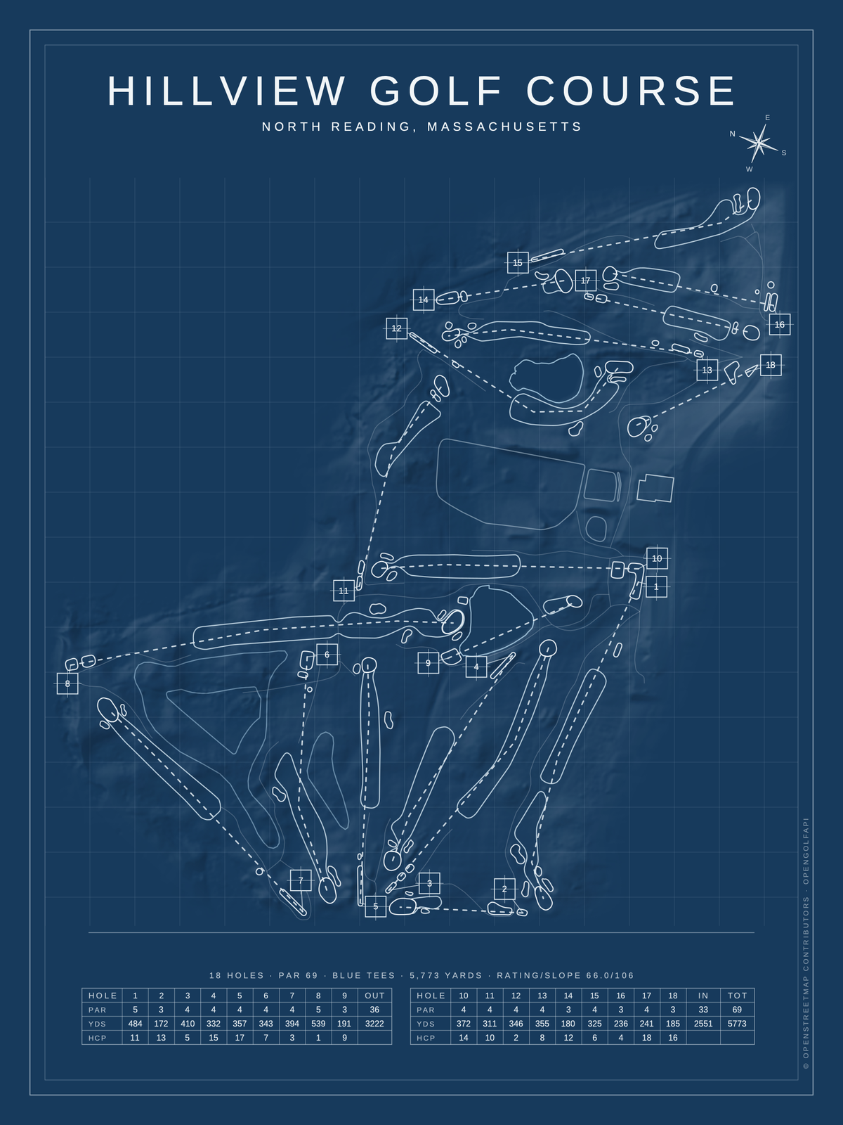 Hillview Golf Course map poster, Blueprint style, 12×16 / 18×24