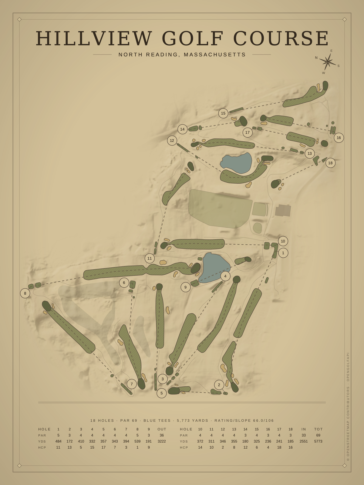 Hillview Golf Course map poster, Vintage style, 12×16 / 18×24