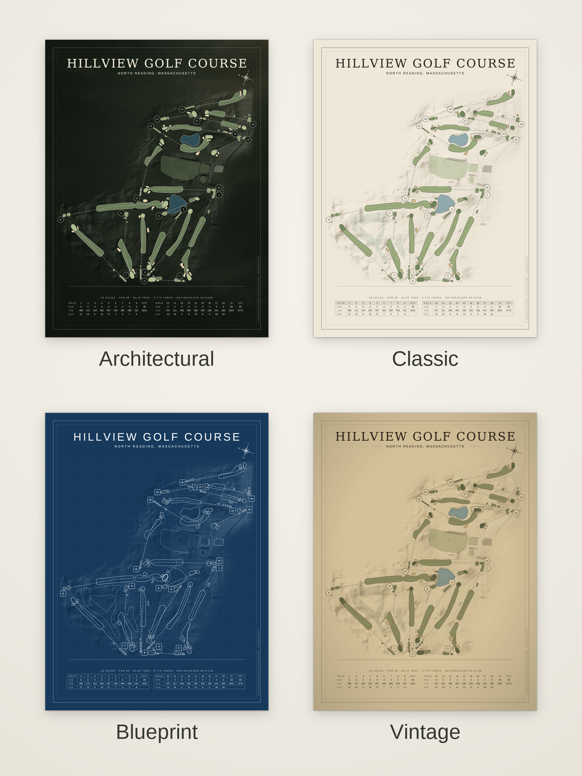 Hillview Golf Course map poster in four styles: Architectural, Classic, Blueprint and Vintage
