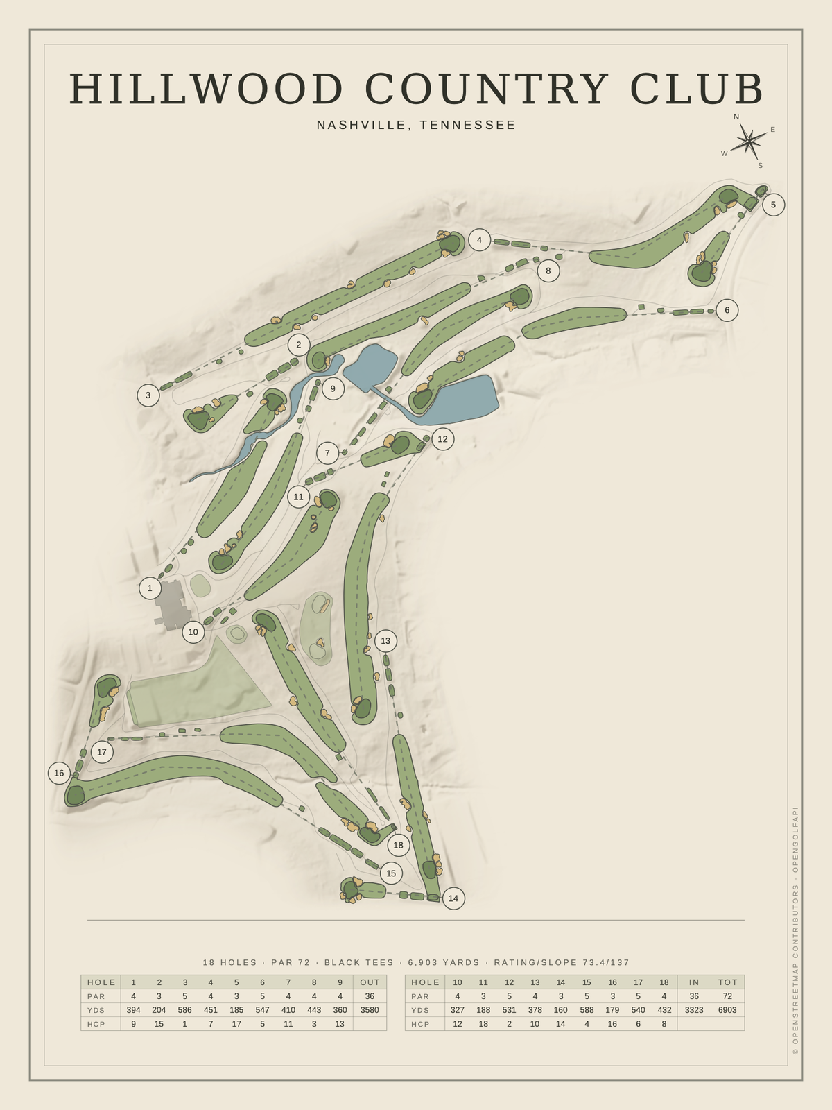 Hillwood Country Club course map poster, Classic style, 12×16 / 18×24