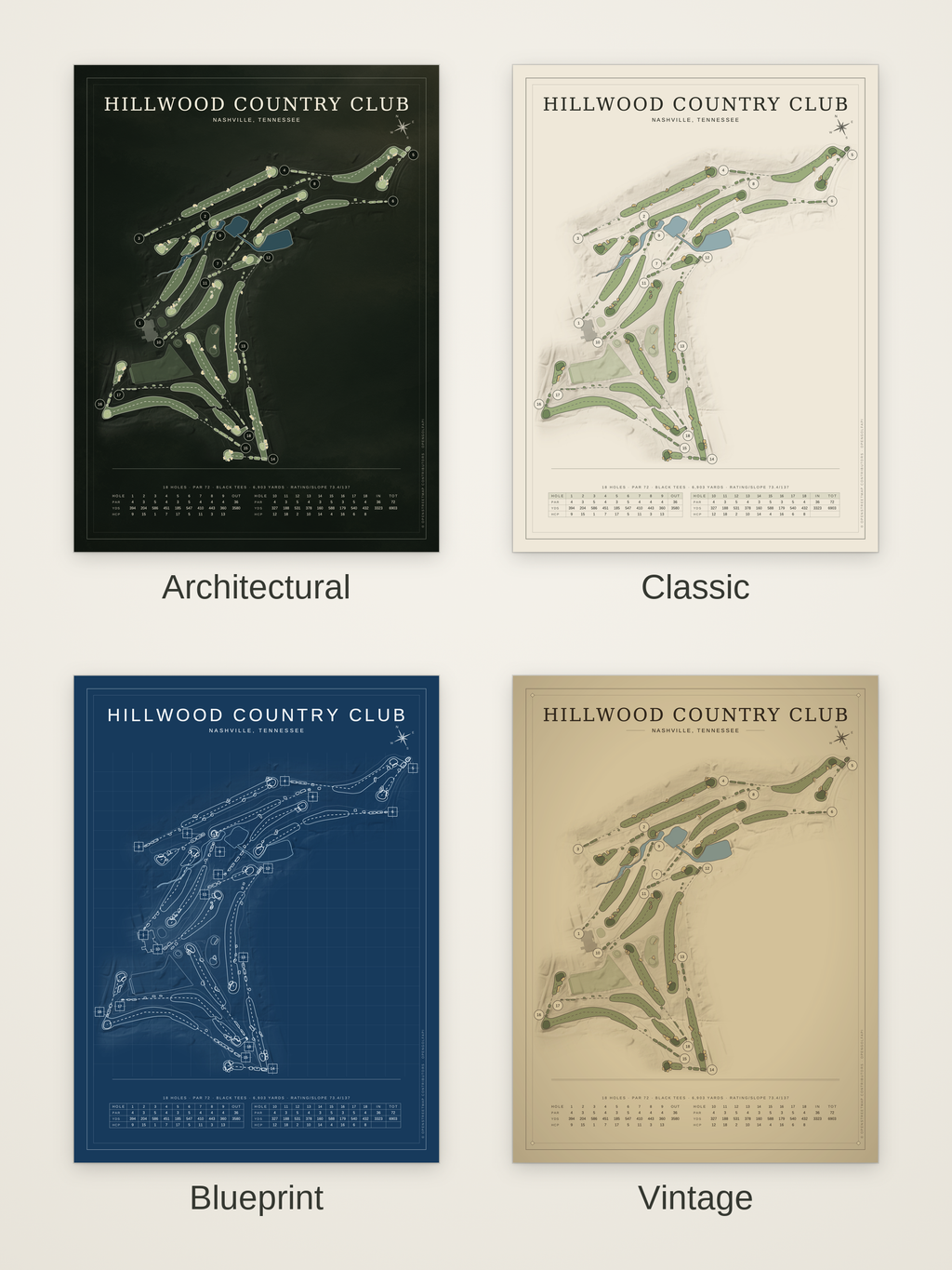 Hillwood Country Club course map poster in four styles: Architectural, Classic, Blueprint and Vintage