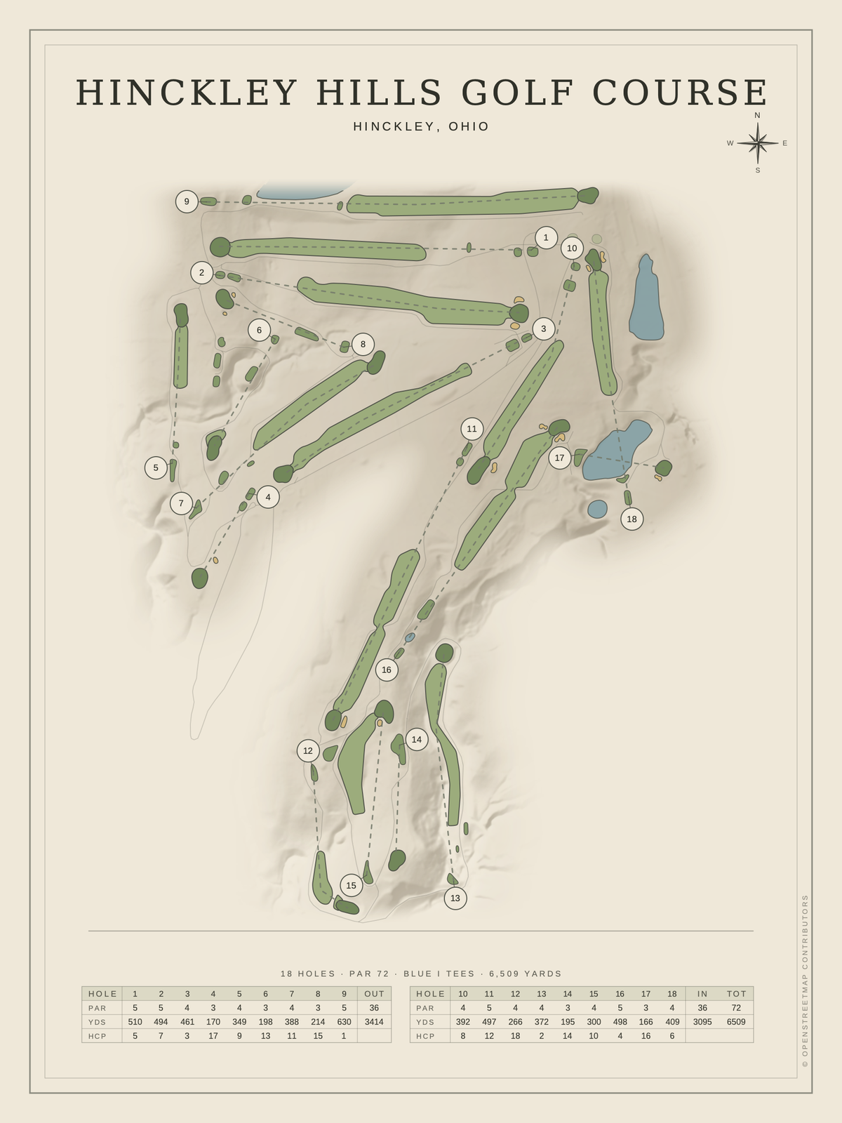 Hinckley Hills Golf Course map poster, Classic style, 12×16 / 18×24
