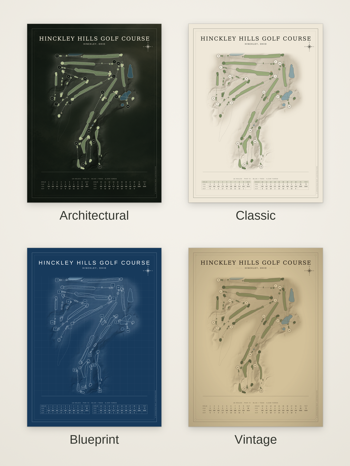 Hinckley Hills Golf Course map poster in four styles: Architectural, Classic, Blueprint and Vintage