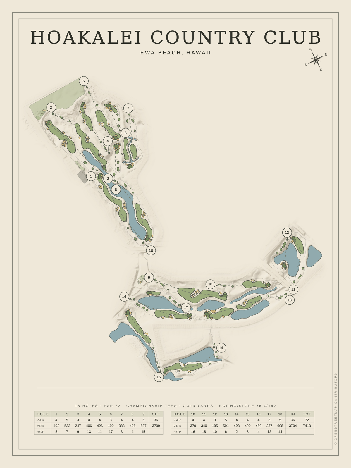 Hoakalei Country Club course map poster, Classic style, 12×16 / 18×24