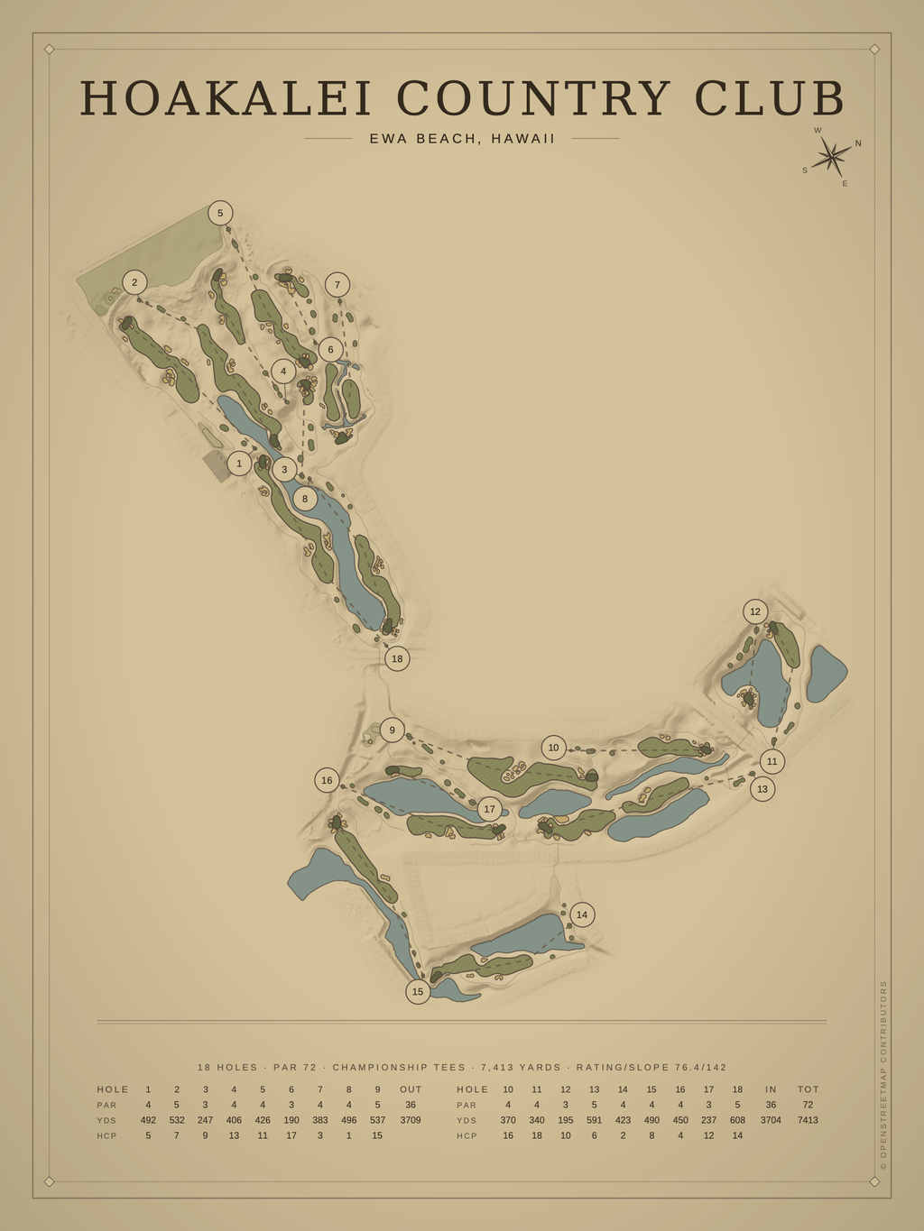 Hoakalei Country Club course map poster, Vintage style, 12×16 / 18×24