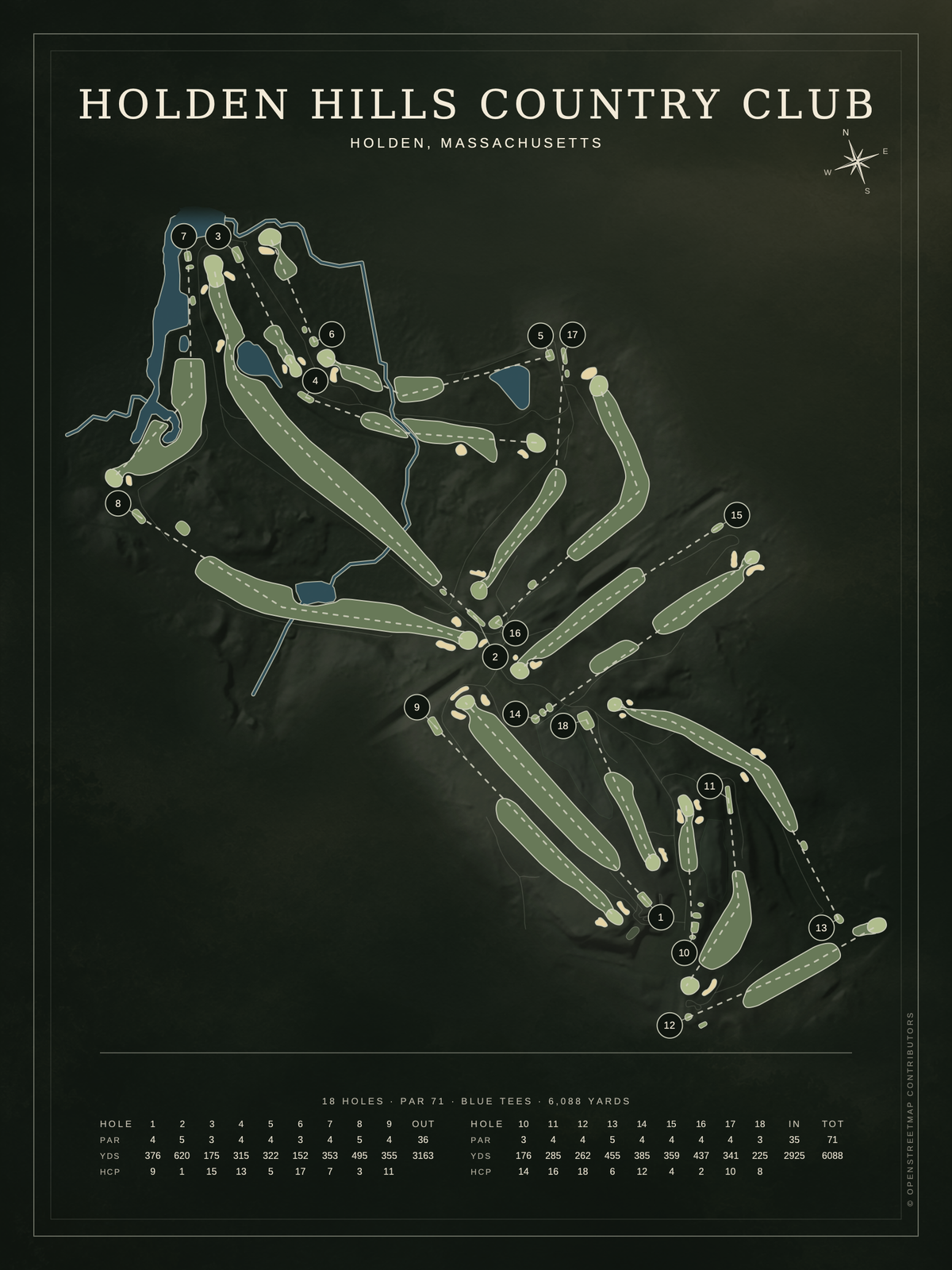 Holden Hills Country Club course map poster, Architectural style, 12×16 / 18×24