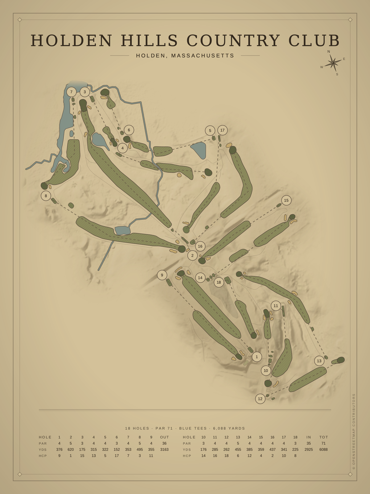 Holden Hills Country Club course map poster, Vintage style, 12×16 / 18×24