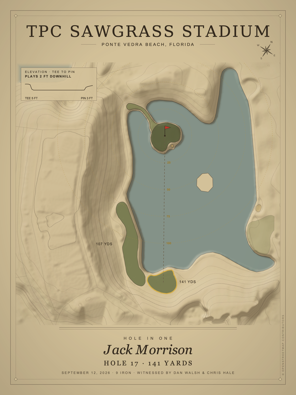 Sample hole-in-one print: TPC Sawgrass Stadium hole 17, the island green, with the name, hole and yards under the drawing