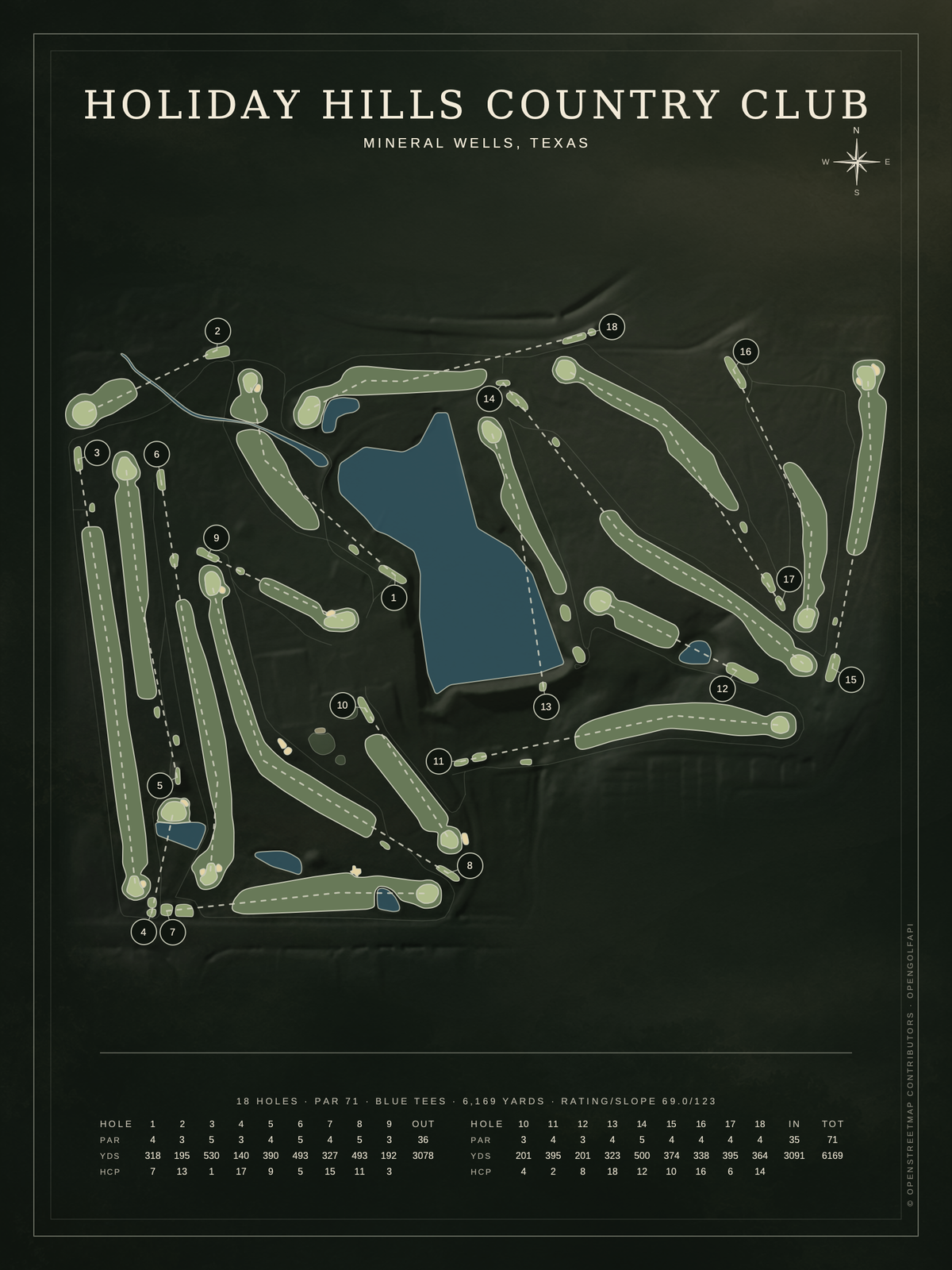 Holiday Hills Country Club course map poster, Architectural style, 12×16 / 18×24