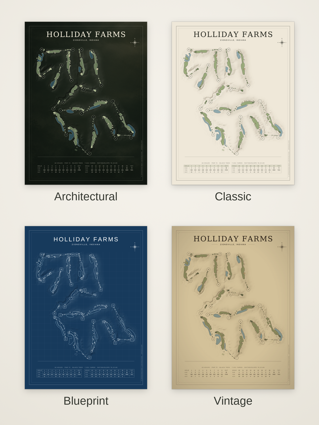 Holliday Farms course map poster in four styles: Architectural, Classic, Blueprint and Vintage