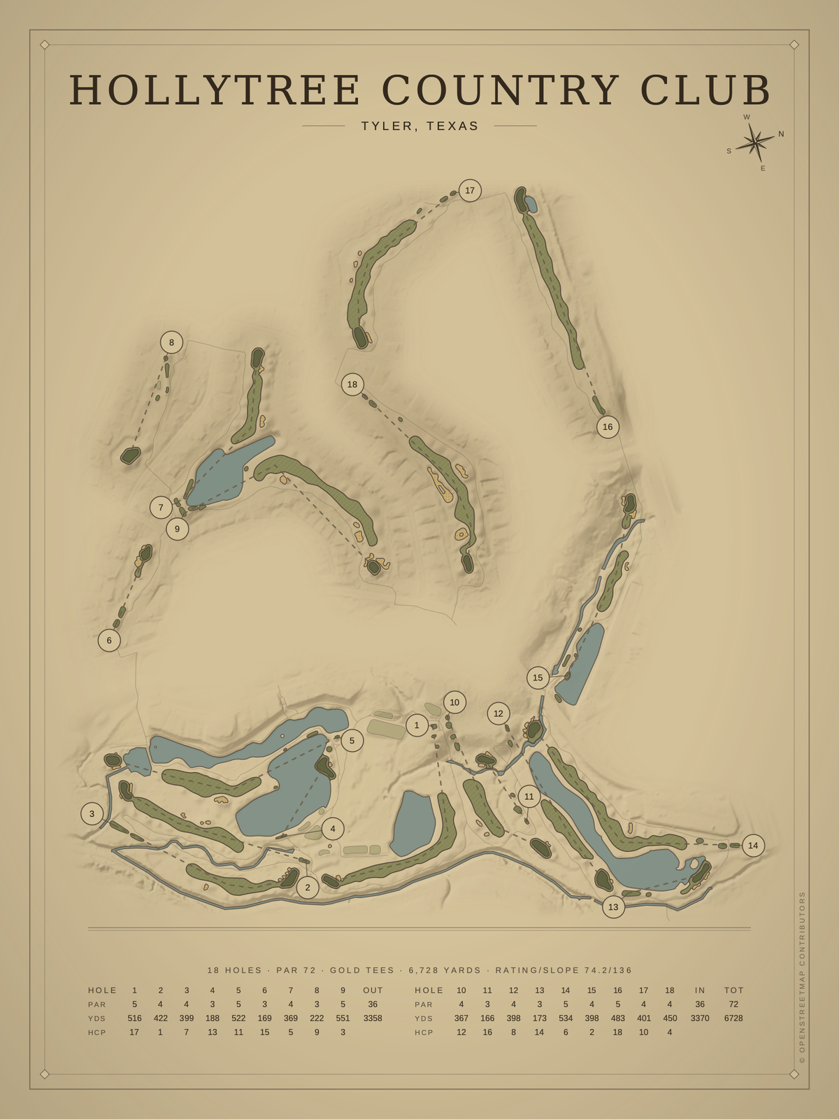 Hollytree Country Club course map poster, Vintage style, 12×16 / 18×24